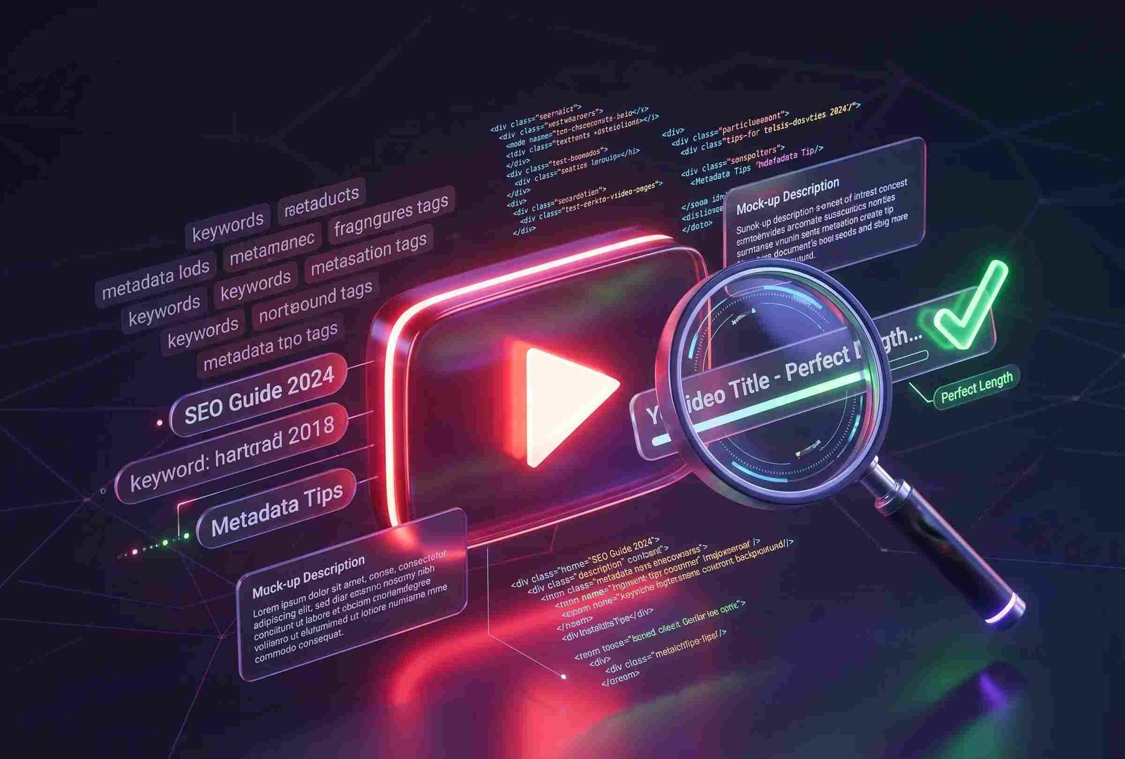 3D illustration of YouTube SEO metadata showing glowing tags, video titles, and a magnifying glass analyzing search performance.