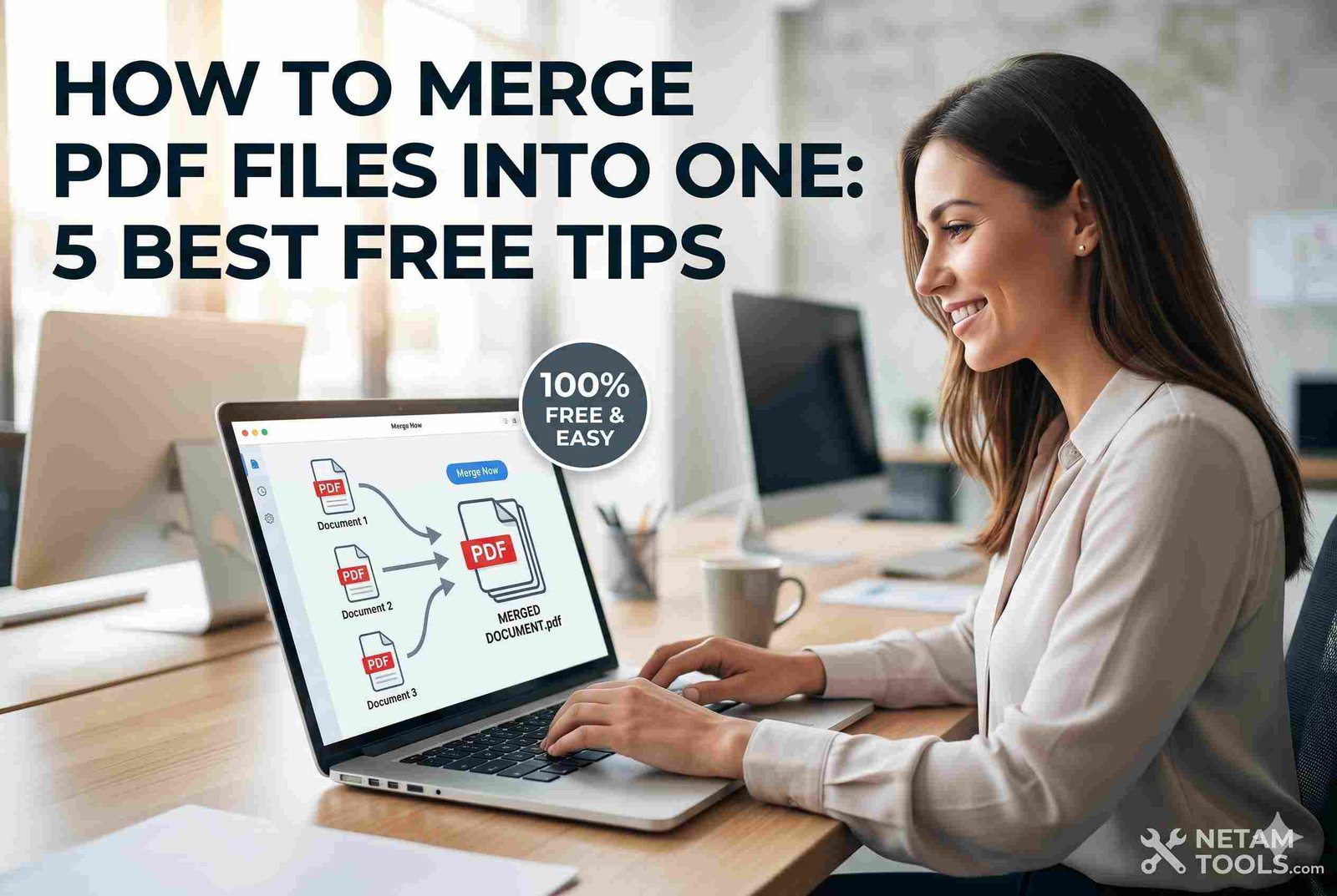 A professional office worker learning how to merge pdf files into one using a modern laptop for business organization A professional office worker learning how to merge pdf files into one using a modern laptop for business organization